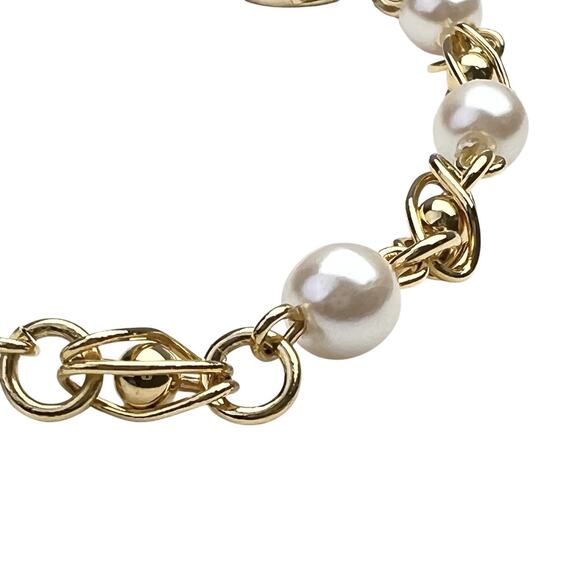 Fashion Bracelet Faux Pearl Station Chain Link Gold Tone Caged Ball Beads 7.5 In - Picture 5 of 6